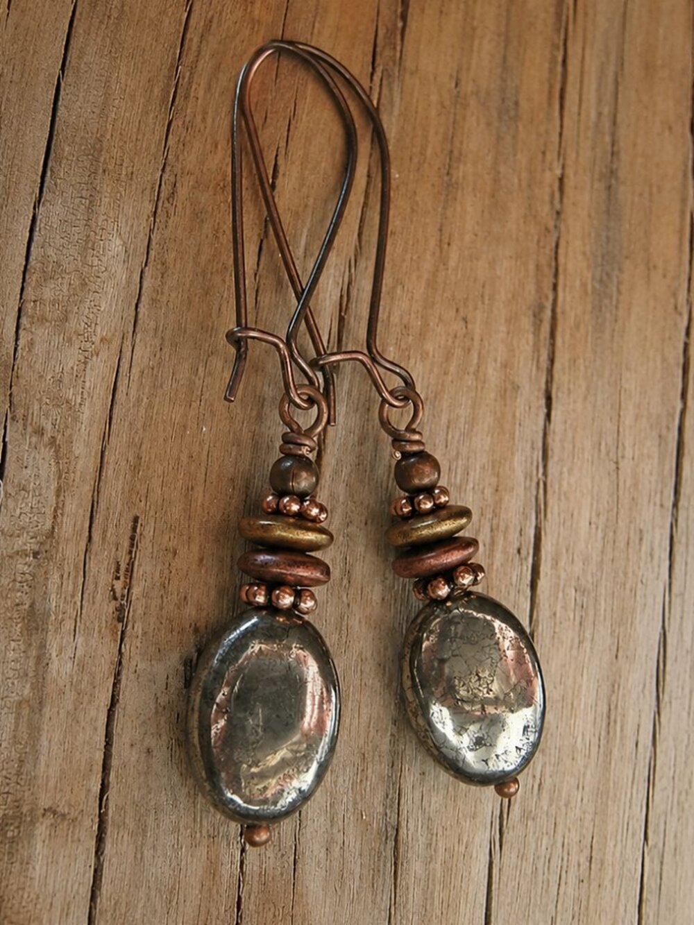 Boho Pyrite Earrings With Copper - Picture 5 of 7